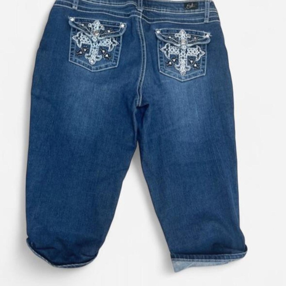 Earl Jean Rhinestone Cross Pocket Denim Capri Jeans Womens 12P Petite Cropped